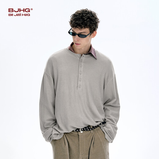 BJHG reckless henley collar polo shirt men's long-sleeved T-shirt 2025 new trendy brand autumn casual sweater for women mica gray L