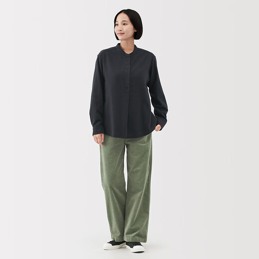MUJI Women's Flannel Stand Collar Long Sleeve Blouse Women's Plaid Shirt Shirt Women's 25 Winter BC2OHC5A Dark Navy S (155/80A)