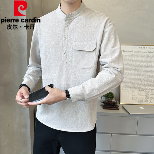 Pierre Cardin high-end men's cotton and linen T-shirt men's spring and autumn new long-sleeved polo bottoming shirt casual and versatile henley collar linen khaki M