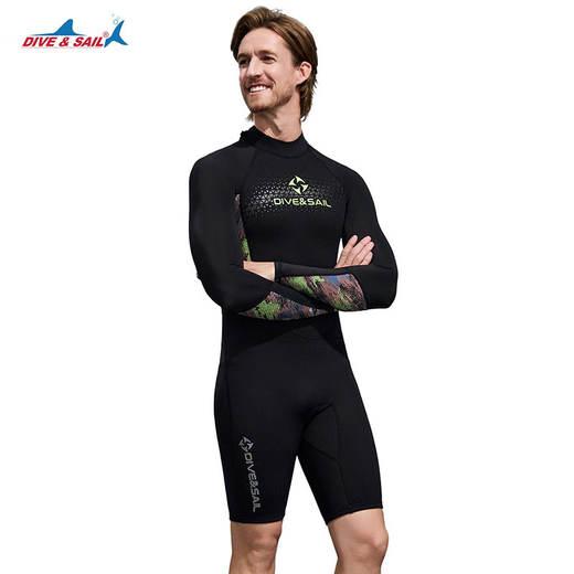 DIVE&SAIL wetsuit 1.5MM men's and women's one-piece long-sleeved shorts wetsuit thickened cold-proof swimsuit surfing suit snorkeling suit 1.5mm men's black S