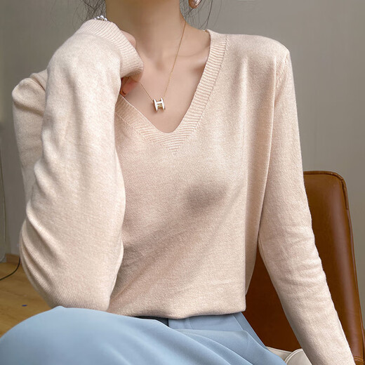 2025 new autumn fashionable bottoming shirt V-neck long-sleeved pullover sweater loose slimming versatile women's top pullover V-neck - gray XL 120-140Jin Jin equals 0.5 kg