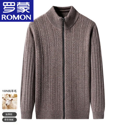 Romon 100% pure wool fleece sweater autumn and winter sweater jacket for men thickened zipper knitted cardigan stand collar wool jacket gray XL reference around 125-140