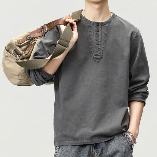 Green Deer high-end retro long-sleeved T-shirt men's spring loose new pure cotton tough guy Henry collar bottoming shirt charcoal gray 2315 long-sleeved S S suitable for 100-120 Jin Jin equals 0.5 kg