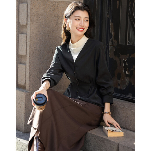 德玛纳【智感女士】冬季静奢风立领保暖磨毛衬衫褶裥拼色腰带衬衣女上衣