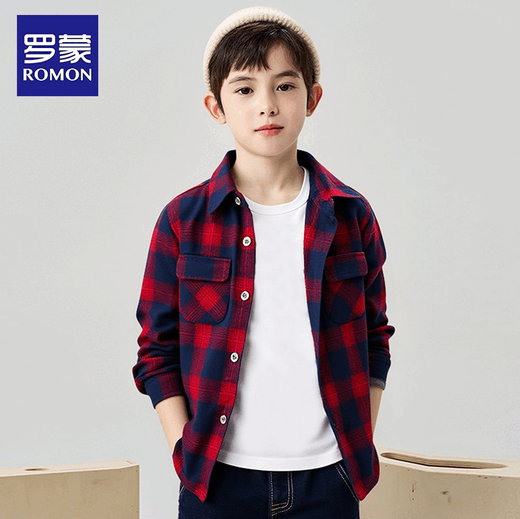 Romon Boys' Shirt Children's 100% Cotton Long Sleeve Plaid Top Spring and Autumn Thin Shirt Pure Cotton Casual Jacket Red Plaid 130 Recommended Weight 50-58Jin Jin is equal to 0.5 kg