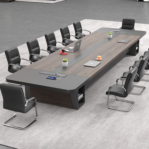 Large conference table and chair combination, simple and modern employee training table, negotiation table, conference room long table, office furniture, 2.4m conference table + multimedia cable box
