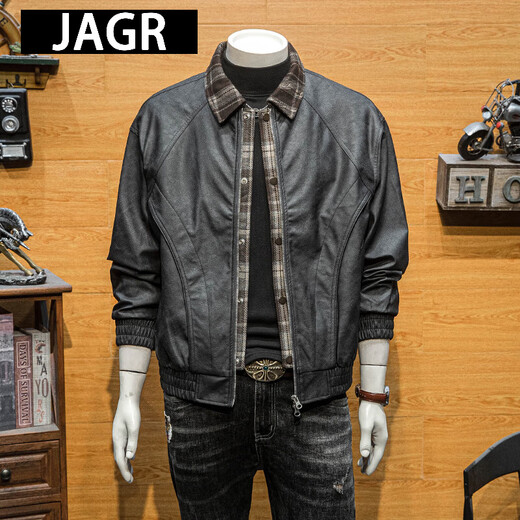 JAGR trendy brand leather men's jacket fake two-piece spring and autumn trendy casual leather jacket top men's trendy men's leather jacket black black M