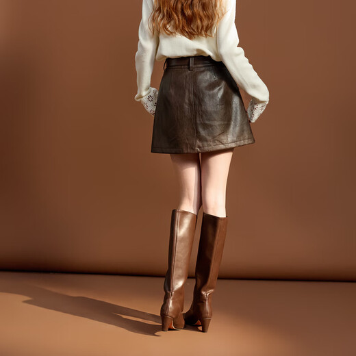 Sancai 2025 winter new leather skirt skirt high waist A-line skirt short skirt retro modern M