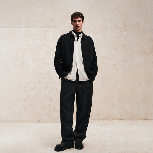 JACK&JONES men's autumn woolen coat pure wool daily commuting single-breasted loose long-sleeved coat 225427016 E40 black L (180)