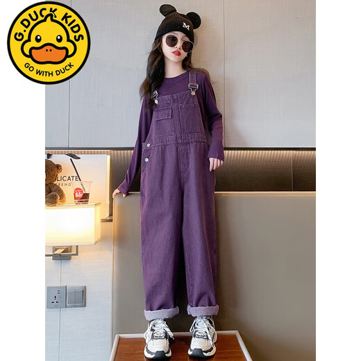 
G.DUCKKIDS Girls Overalls Set 2024 New Dopamine Children's Clothing Girls Big Children's Purple Fashionable Long Sleeve Pants Two-piece Set Set 160cm