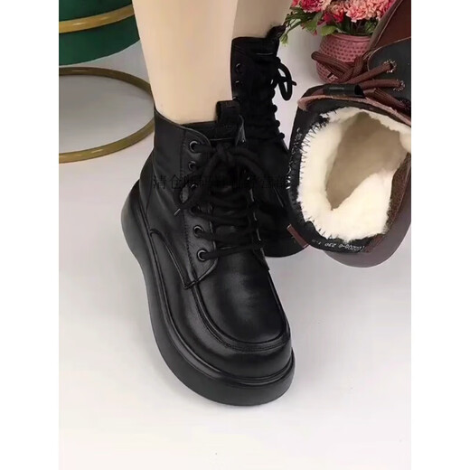 Off-code genuine leather snow boots for women 2025 thick velvet cotton shoes fashionable wedge heel thick-soled short boots black (white wool thick cotton) 38