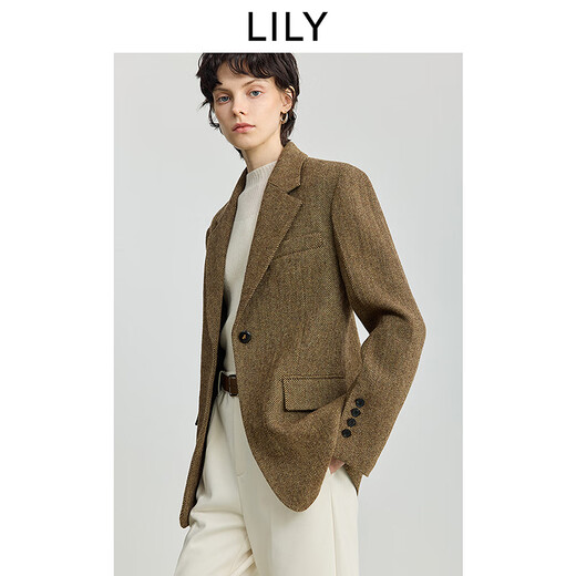 LILY 100% wool 2025 winter new style retro old money style thickened temperament commuter brown suit jacket for women 710 coffee L