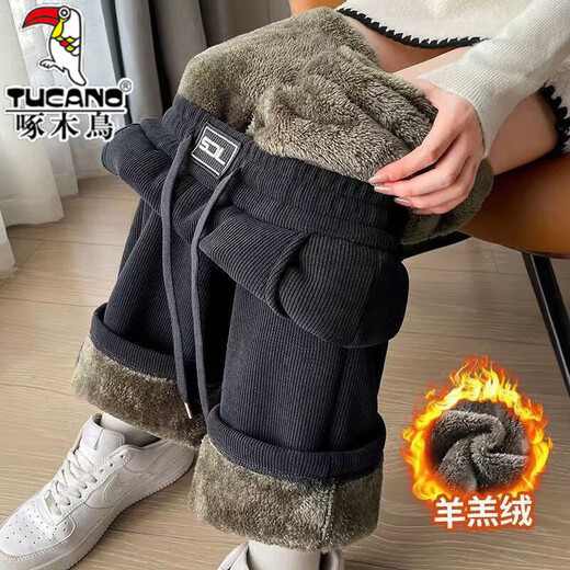 Woodpecker Casual Pants Men's Autumn and Winter 2025 New Velvet Thickened Sports Pants Straight Leg Pants High Waist Warm Wide Leg Pants Black + Dark Gray 2 Pack Velvet Brand Special Clearance Pickup Thickened 2XL Recommended 135-150Jin Jin is equal to 0.5kg