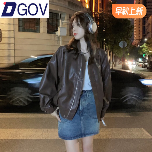 DGOV American Retro Retro Long à manches veste pour les femmes en automne et en hiver Lower Tops Niche Design Sense PU Leather Motorcycle Suit Brown ZT M (Recommandé 95-105 Jin [Jin est égal à 0,5 kg]))