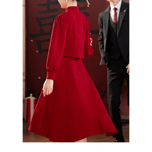 Spring Man (TANHUANGREN) Toast Wear Bridal Long Sleeve New Chinese Style Cheongsam Red Wedding Engagement Dress Little Man Home Clothes Burgundy M