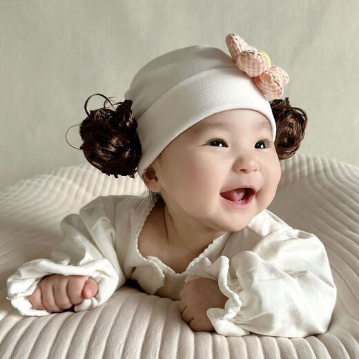 Baby girl hat spring and autumn pure cotton baby fetal cap cute super cute little month old hat playful wig hat new style big red pink wool thread cherry one size fits all 3-6 months pure cotton extra large elasticity does not tie the head