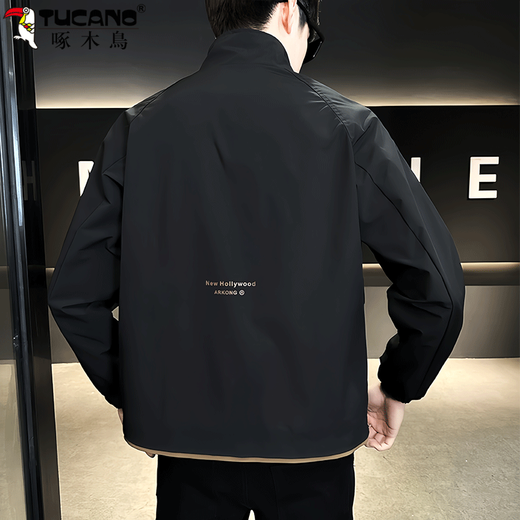 Woodpecker Jacket Men's 2025 Autumn and Winter New Slim Fit Color Block Jacket Versatile Top Plus Velvet and Cotton Fashion Cotton Clothes Black XL