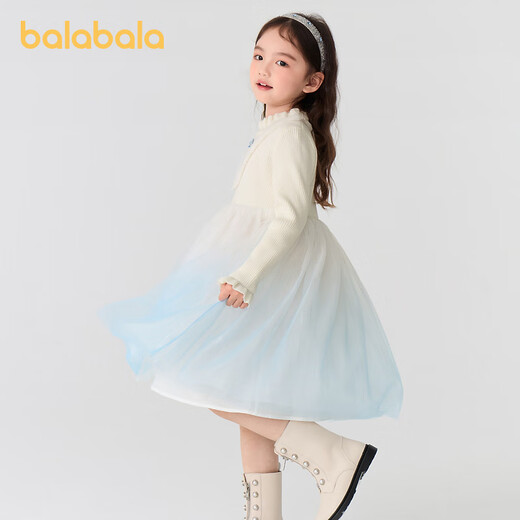 Balabala Children's Clothes Children's Dress Girls Autumn and Winter Princess Dress Gradient Mesh Skirt Knitted Splicing Western Style White and Blue Tone 00318 100