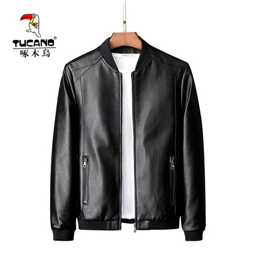 Woodpecker Jacket Men's Jacket Autumn and Winter New Casual Trend Fashionable Stand Collar Motorcycle Leather Jacket Versatile Slim and Handsome Black XL