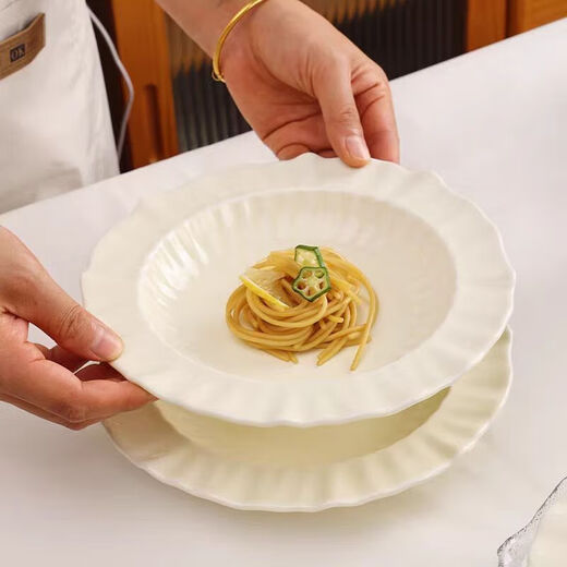 Western food plate, high-end underglaze color tableware, household luxury light luxury European style 8.5 jade butterfly deep plate lace breakfast plate 8.5 inch milk white deep plate 2 pack