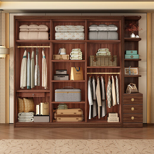 Caibaimu Wardrobe New Chinese Solid Wood Wardrobe with Side Cabinet Black Walnut Wardrobe Bedroom Household Clothes Storage Hanging Wardrobe Five-Door Wardrobe Assembly