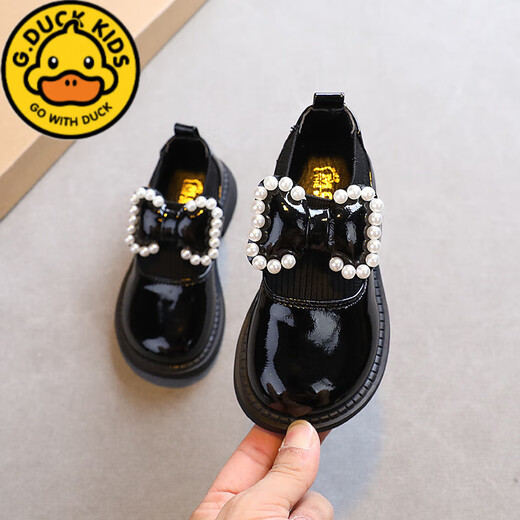 G.duck girls' shoes 2025 spring and autumn new style pearl bow girls princess shoes soft sole leather shoes black performance shoes off-white 25 inner length 15.5cm