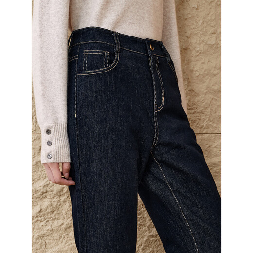 INSUN's special selection of winter turned-over hem stitching high-waisted straight denim down pants, deep sea blue S