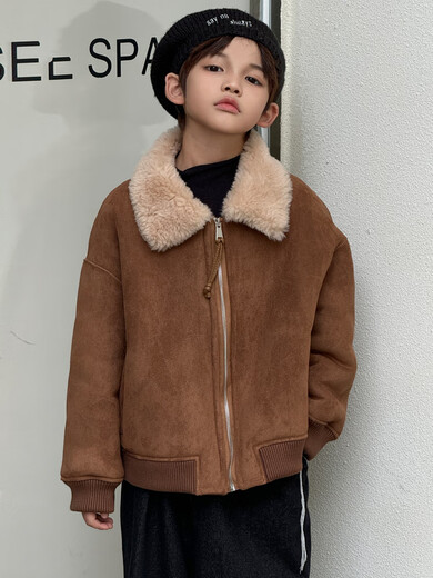 BALA is suitable for purchasing products. Winter boys' coat covered with fur all-in-one machine, medium and large children's brown fur + chocolate leather 110
