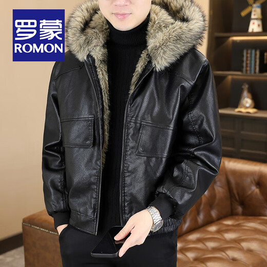 ROMON Hooded Mountain Carving Leather Jacket Men's Winter New Trendy Casual Plush Velvet Thickened Warm Fashion Motorcycle Jacket Black XL 125-140Jin Jin equals 0.5 kg
