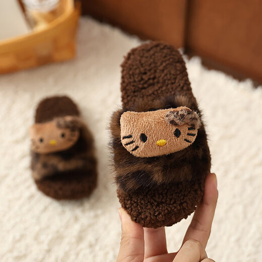 ABCTX leopard print children's furry slippers cute cat home autumn and winter new non-slip warm baby girl's cotton slippers leopard print brown--kt cat 24 25 (inner length 16cm)
