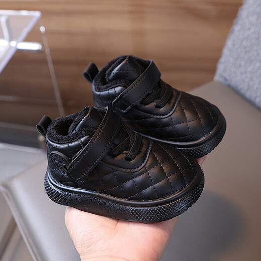 BAOZOUXIE autumn and winter high-top soft-soled non-slip toddler shoes for boys and girls 1-3 years old plus velvet and thickened warm cotton shoes bread shoes white 16/11.5 inner length