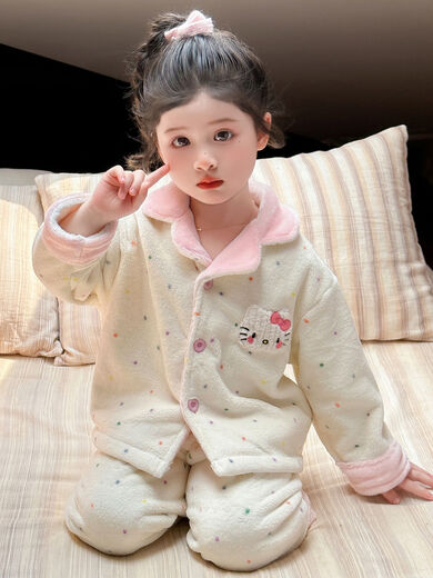 BALA suitable for girls autumn and winter pajamas set 2025 new baby girl children's winter plus velvet thickened home color dots 90cm