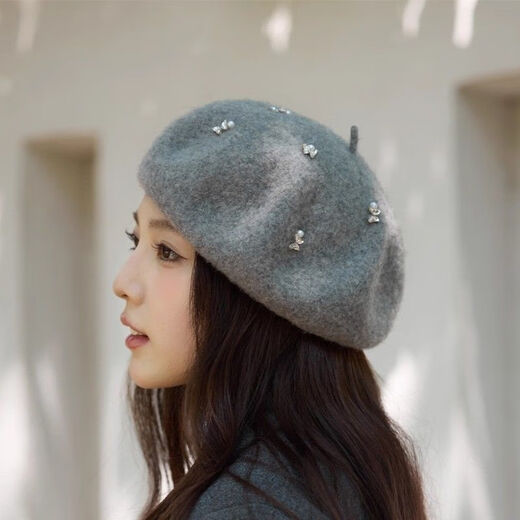 Fei Hao wool beret women's autumn and winter pumpkin hat alpaca classic version solid color warm cashmere face showing little buds alpaca rhinestone black one size adjustable