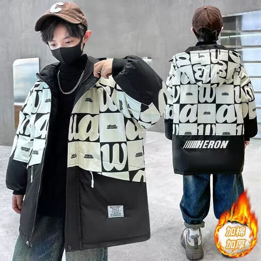 MLB&NY trendy children's clothing, boys' winter velvet jacket, children's handsome cotton-padded jacket, medium and large children's cotton-padded jacket, boys' new cotton-padded jacket, black 120 cm, recommended height is about 110 cm