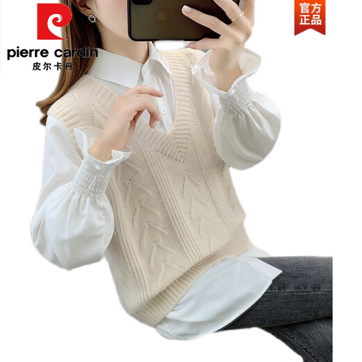 皮尔卡丹（pierre cardin）麻花马甲背心女春秋外搭2025年新款宽松v领针织毛衣马夹无袖上衣 1047白色 M 【建议96斤-110斤】