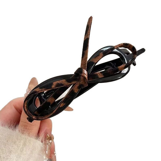 Gaenbei's new Korean style leather bow twist clip for women with updo hair on the back of the head, high-end one-word clip, retro clip hair accessory, 1 leopard print bow twist clip (about 11CM long)