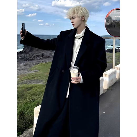 Ivansby's new autumn and winter woolen suit collar double-breasted warm coat lazy style thickened coat drape men's knee-high windbreaker black cotton 2XL