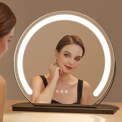 Mirror makeup mirror desktop desktop supplementary light charging with light smart internet celebrity bedroom high-definition round mirror rotating dressing mirror semi-circular cherry blossom pink 40 diameter plug-in model rotatable + three-tone lighting