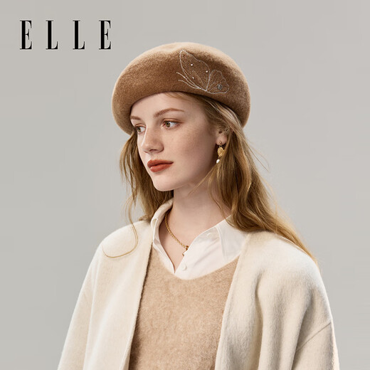 ELLE 100% sheep wool beret women's autumn and winter fashion versatile butterfly embroidered bud painter's hat that makes your face smaller