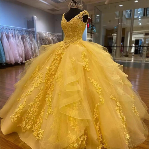 Colorful gauze evening dress European and American tutu skirt double shoulder V-neck off-shoulder princess dress yellow prom party dress picture color XS
