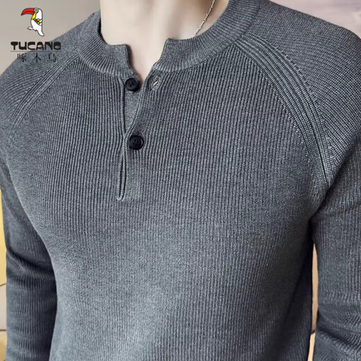 Woodpecker (TUCANO) 2025 new autumn henley collar men's yuppie sweater POLO bottoming shirt solid color thickened sweater trend gray L