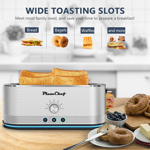 Plumchef 4-slice toaster, defrost/reheat function, removable bread tray, full body stainless steel shell, 1350W, anti-fingerprint and anti-jam