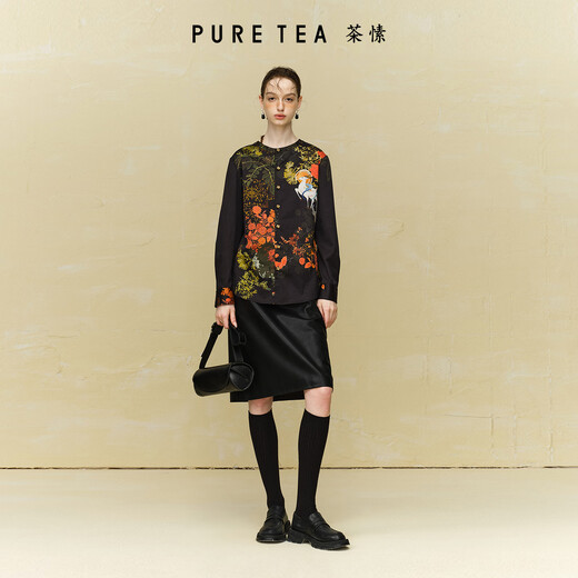 PURE TEA puretea Oriental Dunhuang round neck shirt women's printed long-sleeved top 25 winter new graphite black M