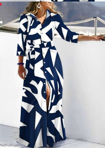 2023 eBay hot style autumn new fashion long-sleeved printed shirt dress long dress for women navy print S