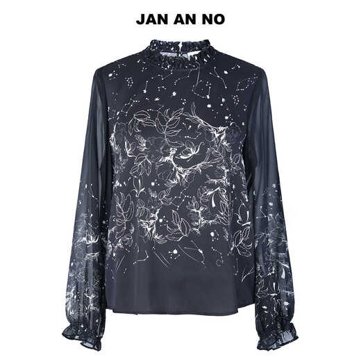 JAN AN NO navy blue silk printed top for women mulberry silk autumn and winter new product J2570102SY navy blue S 36