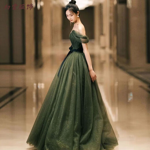 Mei Anjia Banquet Evening Dress New Student Adult Ceremony Annual Party Host Noble Temperament Hepburn Style Princess Dress Green Strap Style XS