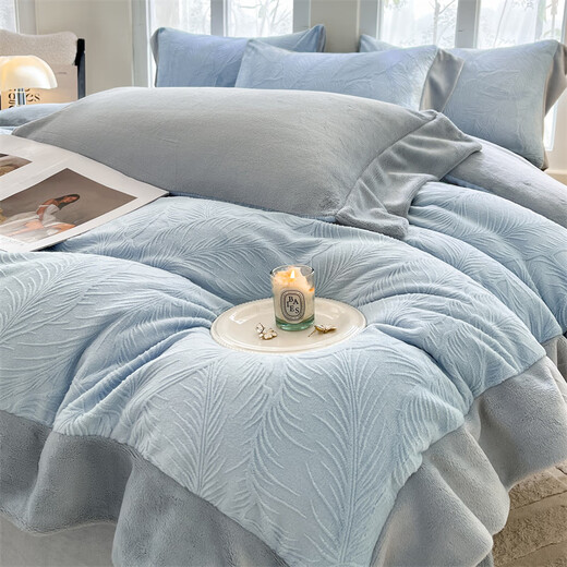 Mercury series home textile high-end carved milk velvet four-piece set 2025 winter new thickened warm coral velvet plus baby blue + star gray bed sheet style 1.8m four-piece set