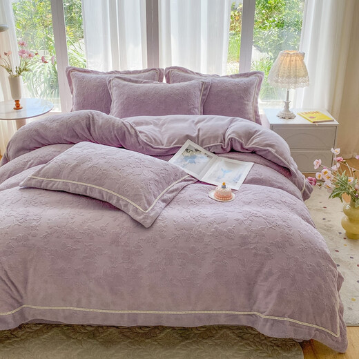 Violet (Violet) new type A carved milk velvet four-piece set high-density short-hair baby velvet coral velvet quilt cover sheet sheet bed sheet style 1.5 four-piece set-quilt cover 200cm*230cm