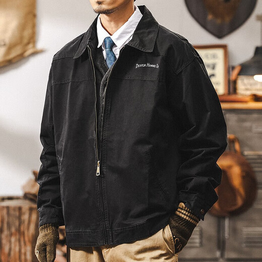 Jeanswest American retro heavyweight workwear jacket for men in autumn trendy brand casual loose washed Detroit jacket for men in spring and autumn black 2XL suitable for 160-180Jin Jin is equal to 0.5 kg