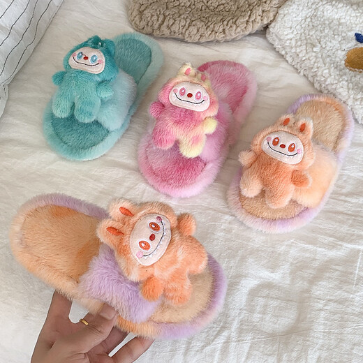 SKONWAT New Home Furry Slippers for Girls 25 Winter Soft Bottom Labubu Cartoon Doll Cotton Flop Pink Size 26-27 Inner Length 18cm